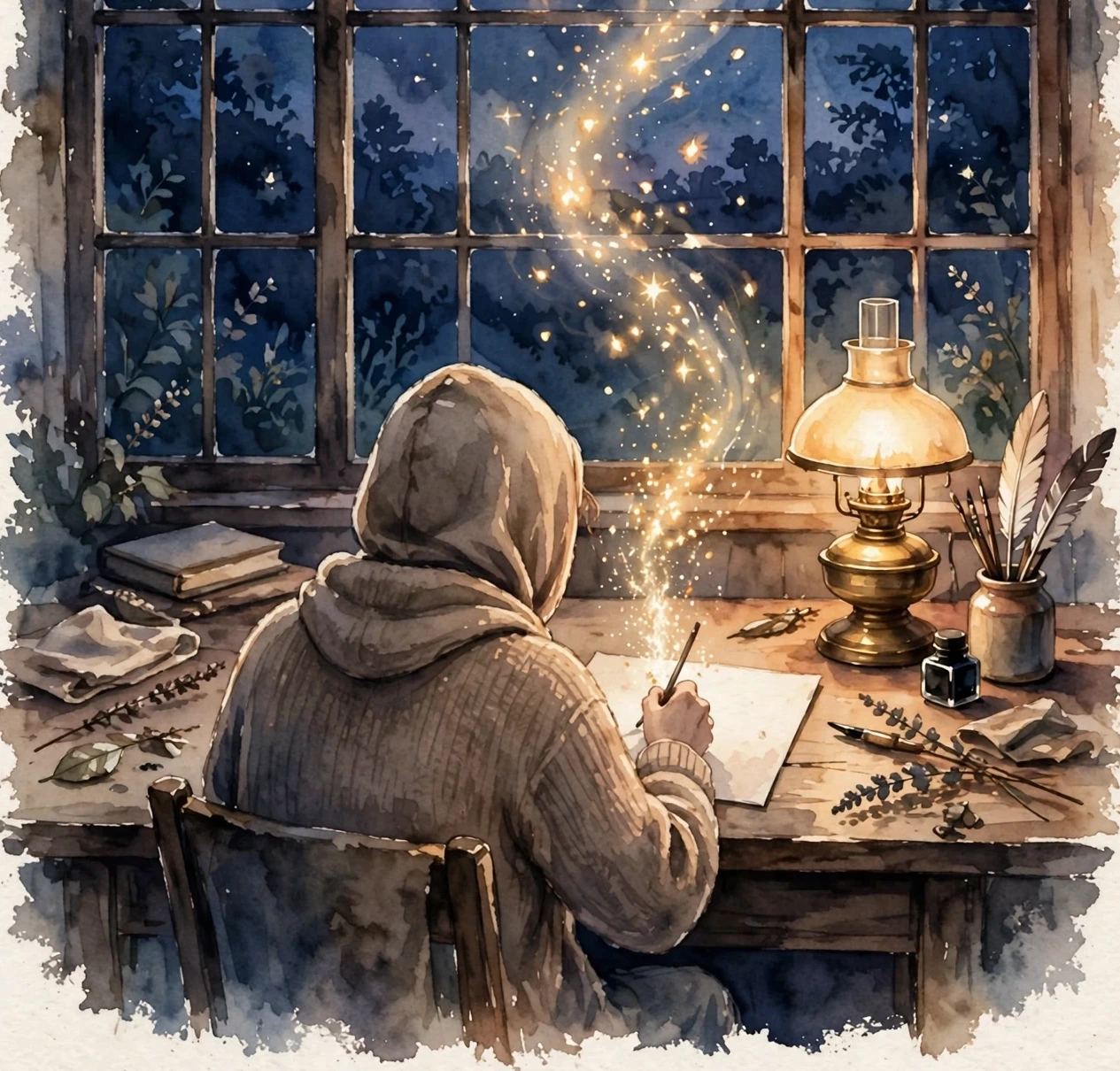 Watercolor of a writer at a desk at night, seen from behind — lamp lit, a spark rising from the page